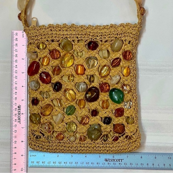 Crossbody Bag Macrame Paper Faux Gemstones Blue Miami NWOT BOHO - Picture 10 of 11